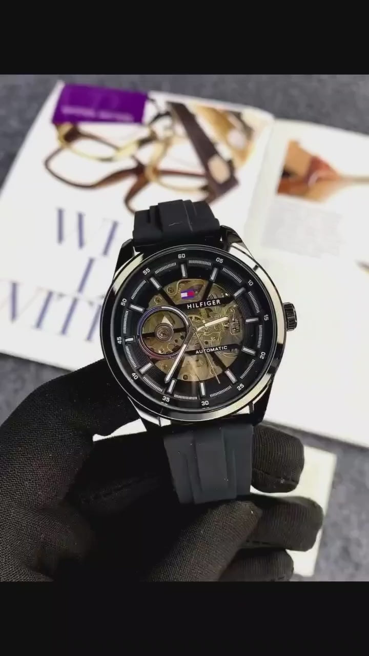 TH Automatic Premium Quality Full Black Rubber Strap Watch