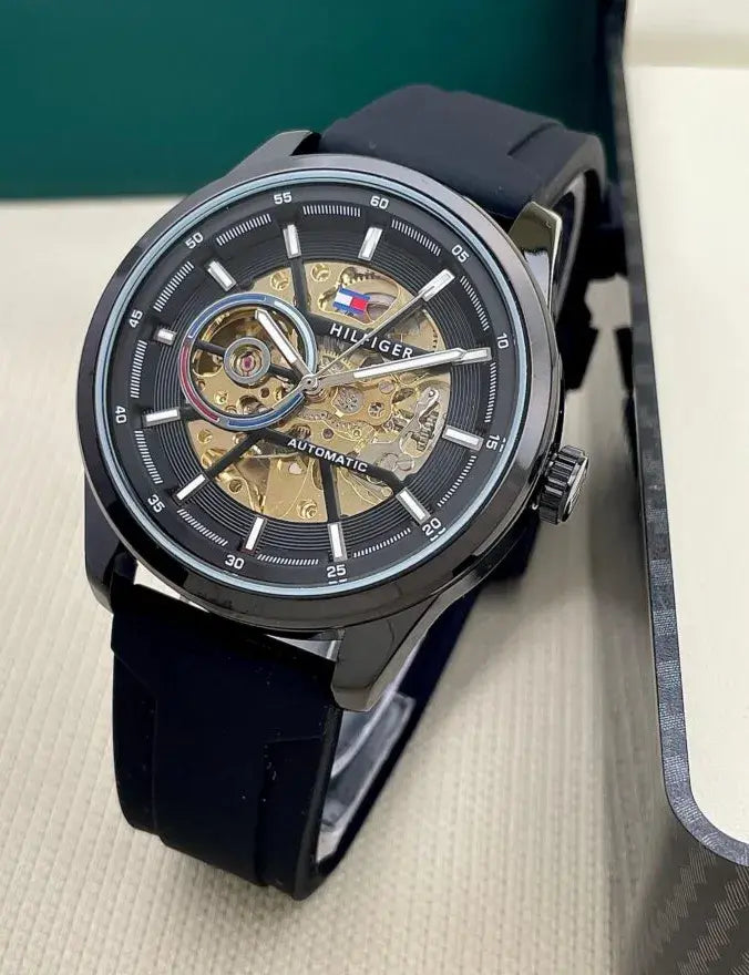 TH Automatic Premium Quality Full Black Rubber Strap Watch